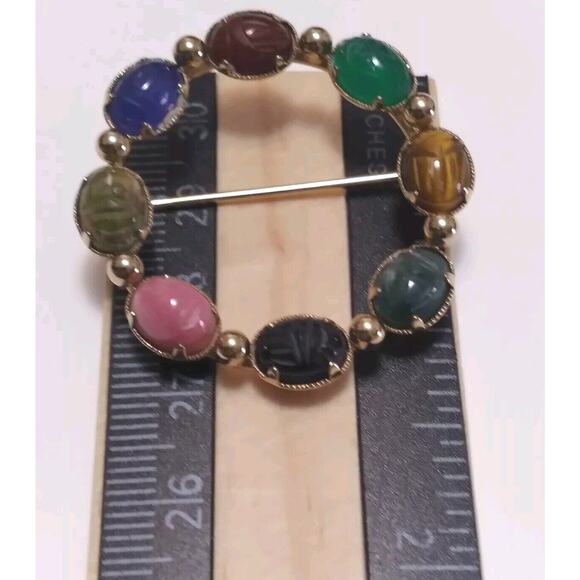 K L Brooch Egyptian Revival Style Scarab Shape Stones Marked 12K G. F. Goldtone - Picture 6 of 8